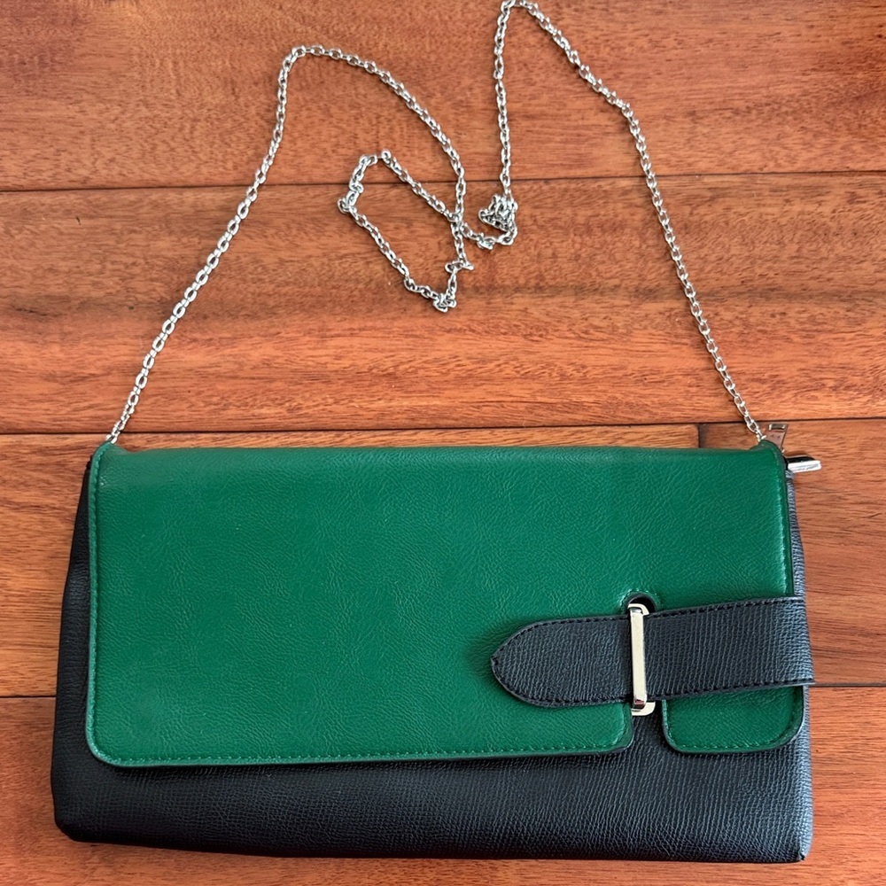 80's Mod Green And Black Faux Leather Clutch Crossbody Shoulder Bag retro